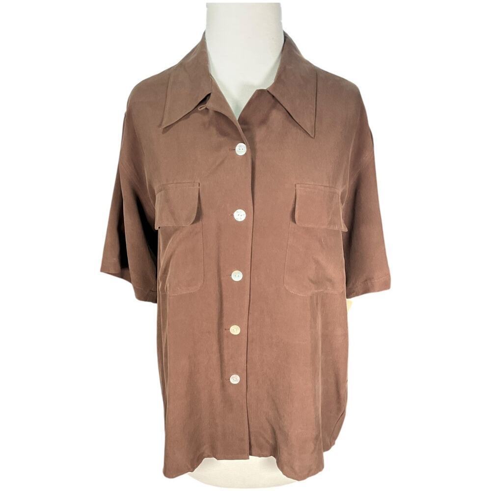 Vintage Silk House 100% Silk Button Up Shirt Chocolate Brown Size Large NWT